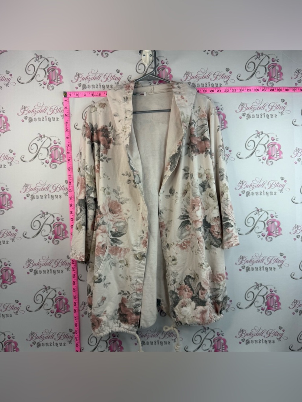 Made in Italy Floral Open-Front Cardigan with Pockets in Cream & Blush Roses